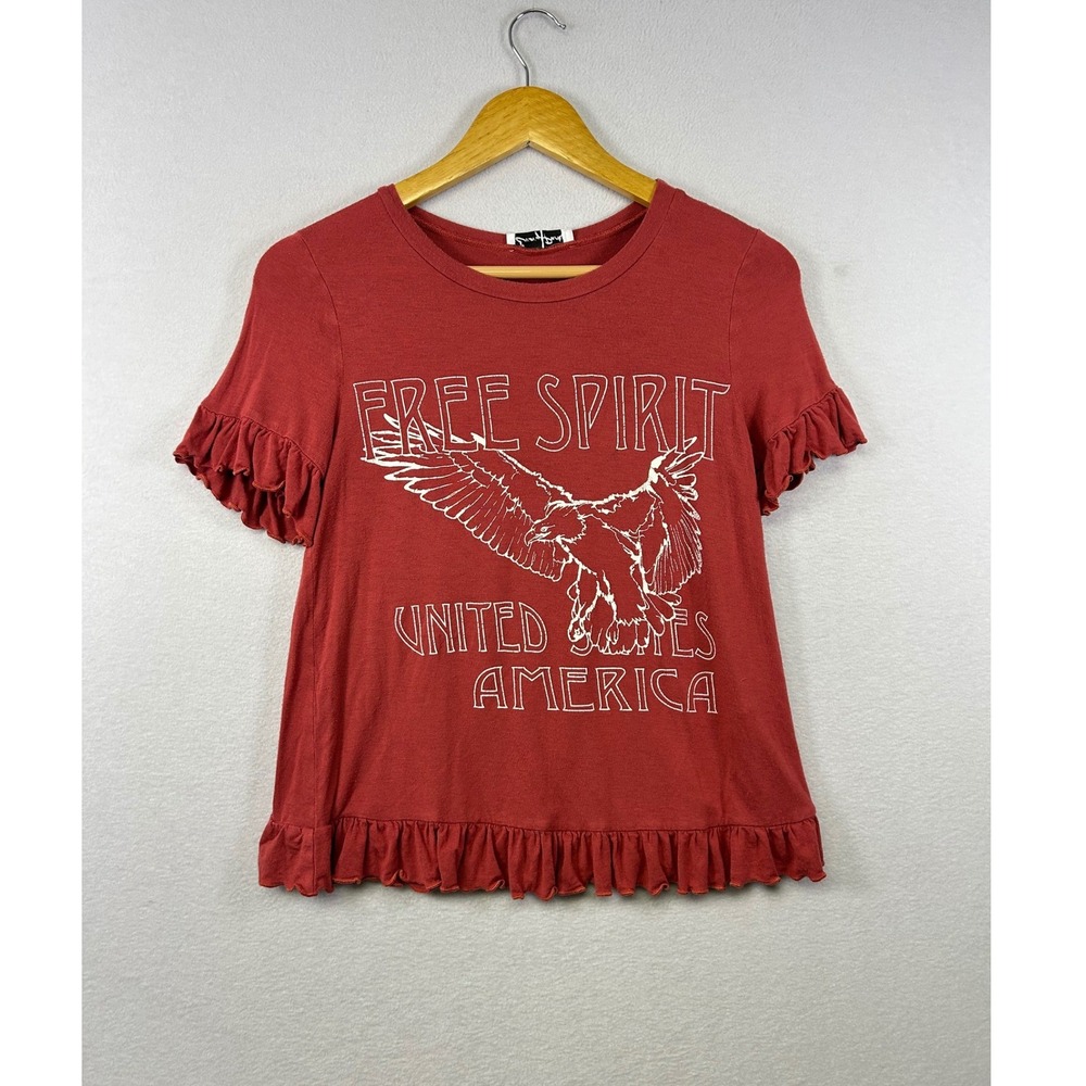 Emory Park Free Spirit Eagle Ruffled Tee Shirt Red Women's Size Small
